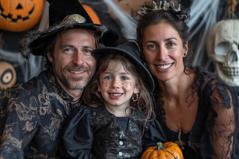 Costume Photo Booth, families posing in front of spooky backgrou