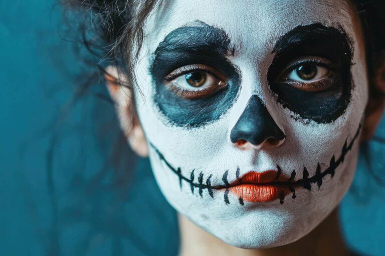 Casual Model with Skull Face Makeup Against Turquoise Background for Indoor Halloween Photoshoot